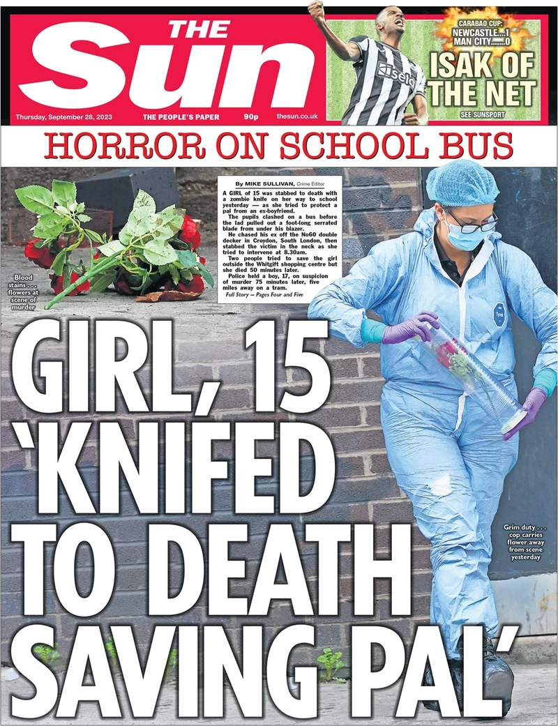 The Sun - Girl, 15, ‘knifed to death saving pal’ 