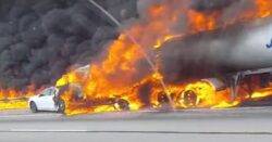 Tanker truck carrying jet fuel crashes into two cars and kills three