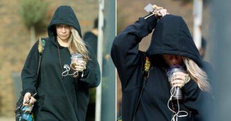 Glum Chloe Madeley attempts to hide her face in first sighting since James Haskell split