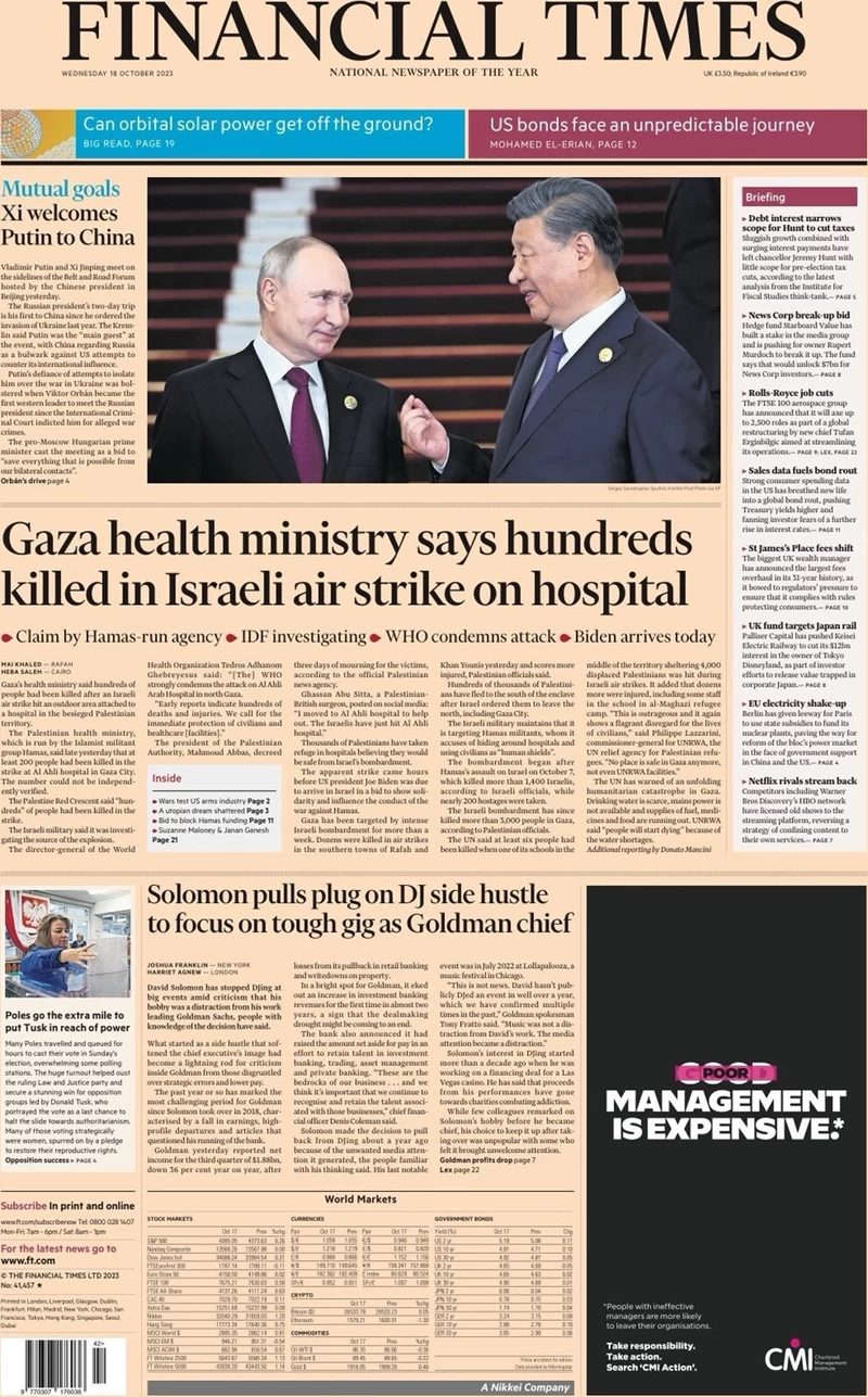 Financial Times - Gaza health ministry says hundreds killed in Israeli air strike on hospital 