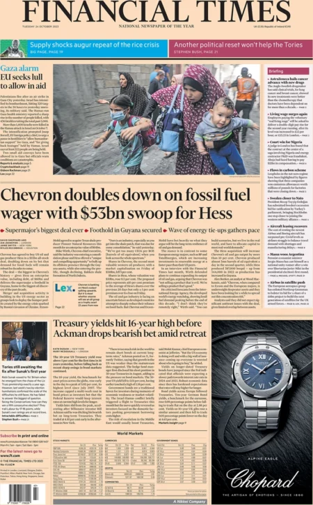 Financial Times – Chevron doubles down on fossil fuel wager with bn swoop for Hess 