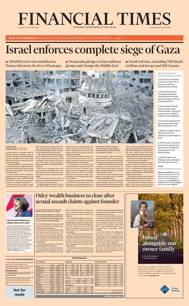 Financial Times - Israel enforces complete siege of Gaza 