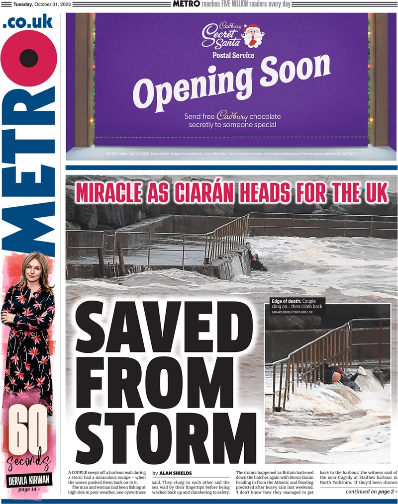 Metro - Saved from storm - Storm Ciaran heads for the UK