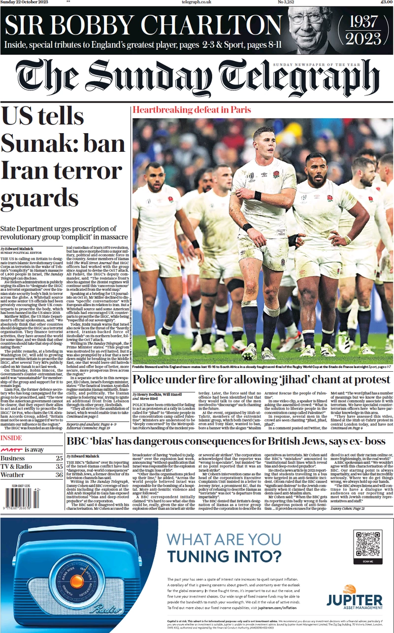 The Sunday Telegraph - US tells Sunak: ban Iran terror guards