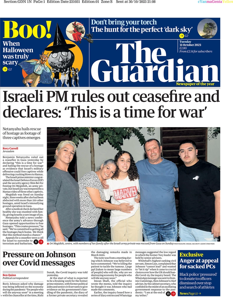 The Guardian - Israeli PM rules out ceasefire and declares: “This is a time for war” 