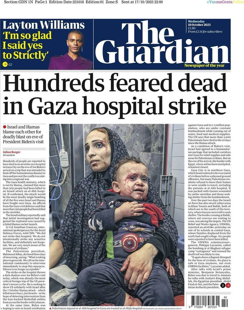 The Guardian - Hundreds feared dead in Gaza hospital strike 