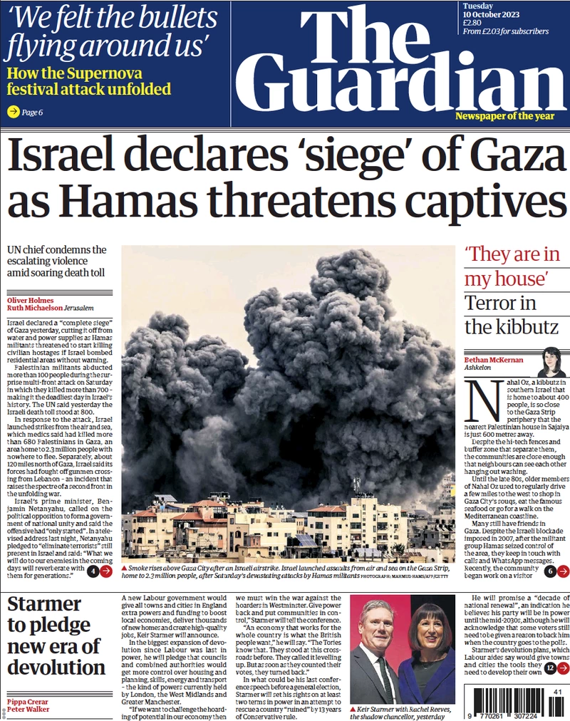 The Guardian - Israel declares ‘siege’ of Gaza as Hamas threatens captives