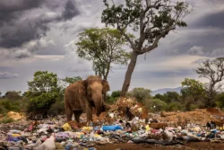 A bull elephant kicking over garbage as it scavenges at a dump in Tissamaharama, Sri Lanka, shortlisted for the Wildlife Photographer of the Year People’s Choice Award (Picture: Brent Stirton/Wildlife Photograper /PA)