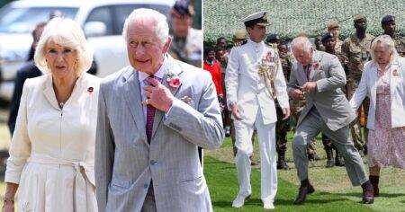 Charles almost takes a tumble on artificial grass during cemetery visit in Kenya