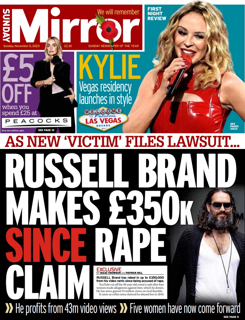 Sunday Mirror – Russell Brand makes £350k since rape claims Sunday Papers: Labour to push for Commons vote on ceasefire - the full perspective