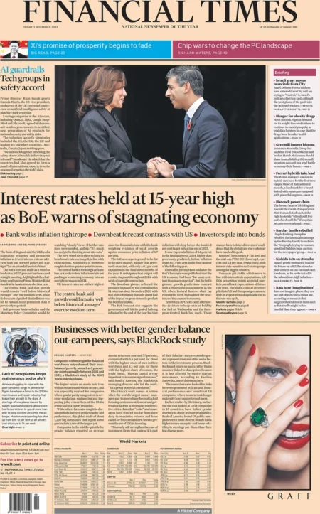 Financial Times – Interest rates held at 15-year high as BoE warns of stagnating economy 