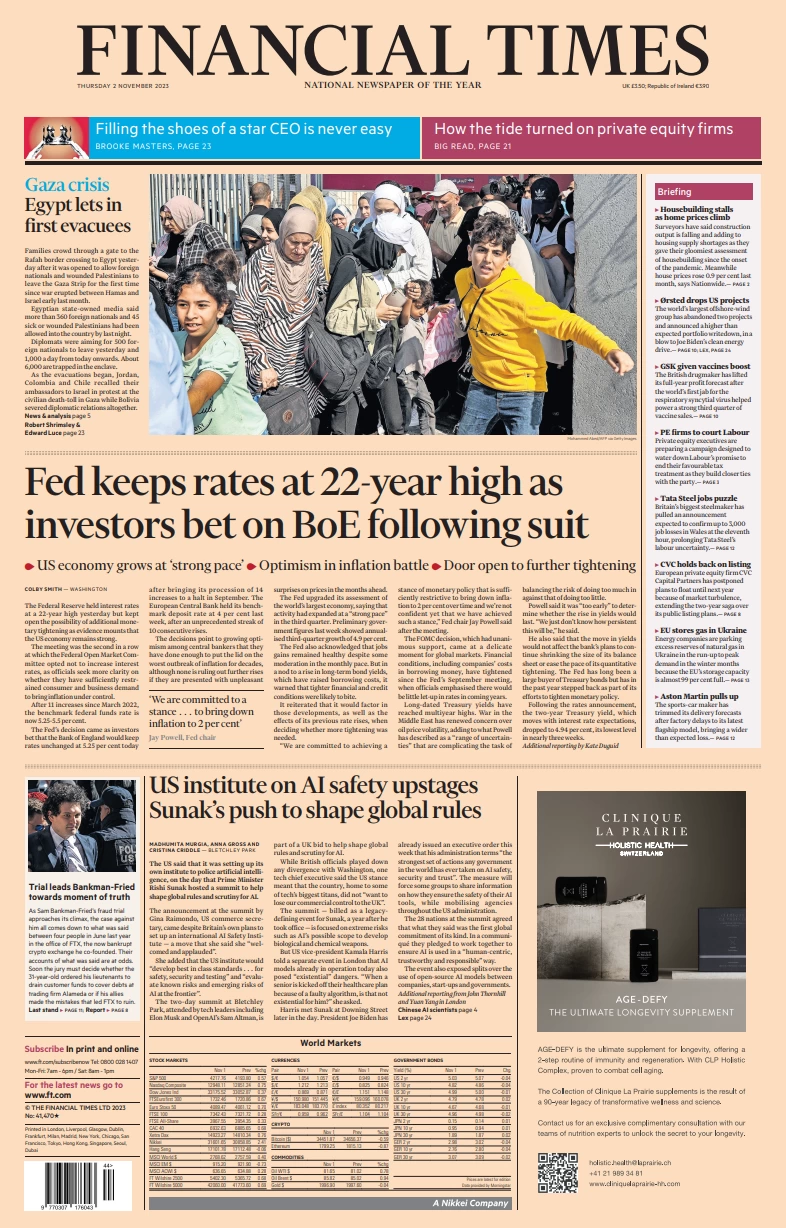 Financial Times - Feds keep rate at 22-year high as investors bet BoE following suit 