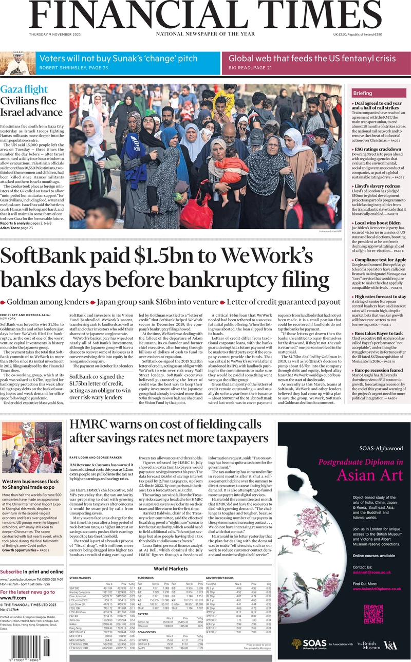 Financial Times - SoftBank pays $1.5bn to WeWork’s banks days before bankruptcy filings 