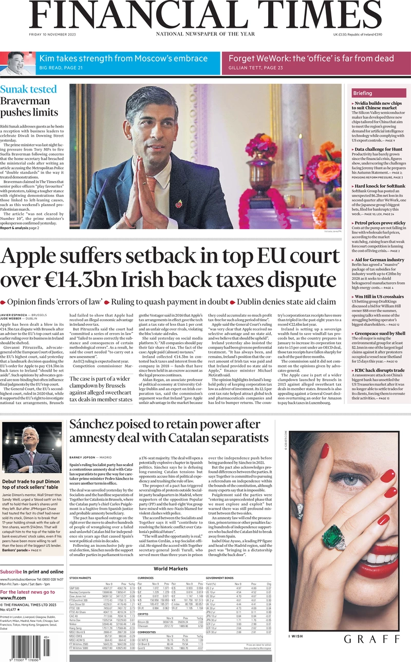 Financial Times - Apple suffers setback in top EU court over €14.3bn Irish back taxes dispute 