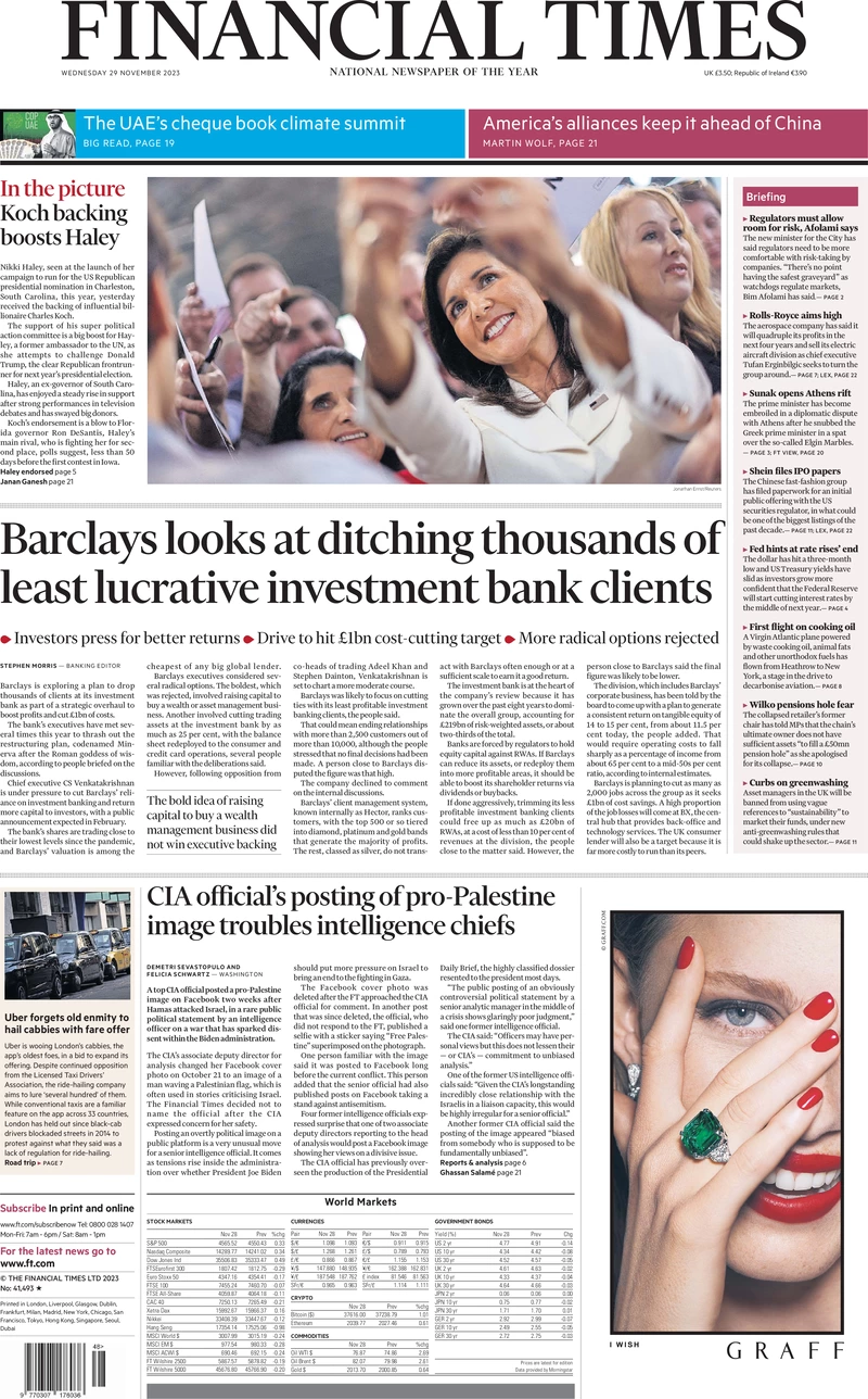 Financial Times - Barclays looking to ditch thousands of least lucrative investment bank clients 