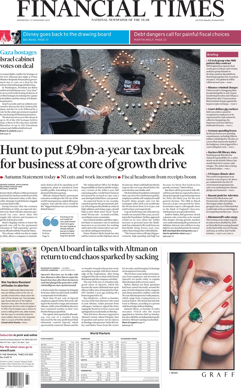 Financial Times - Hunt to put £9bn a year tax break for business at core of growth drive 