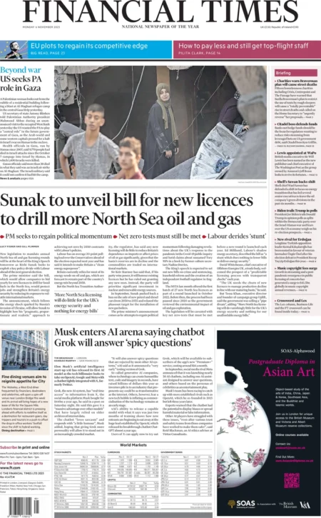 Financial Times – Sunak to unveil bill for new licences to drill more North Sea oil and gas 