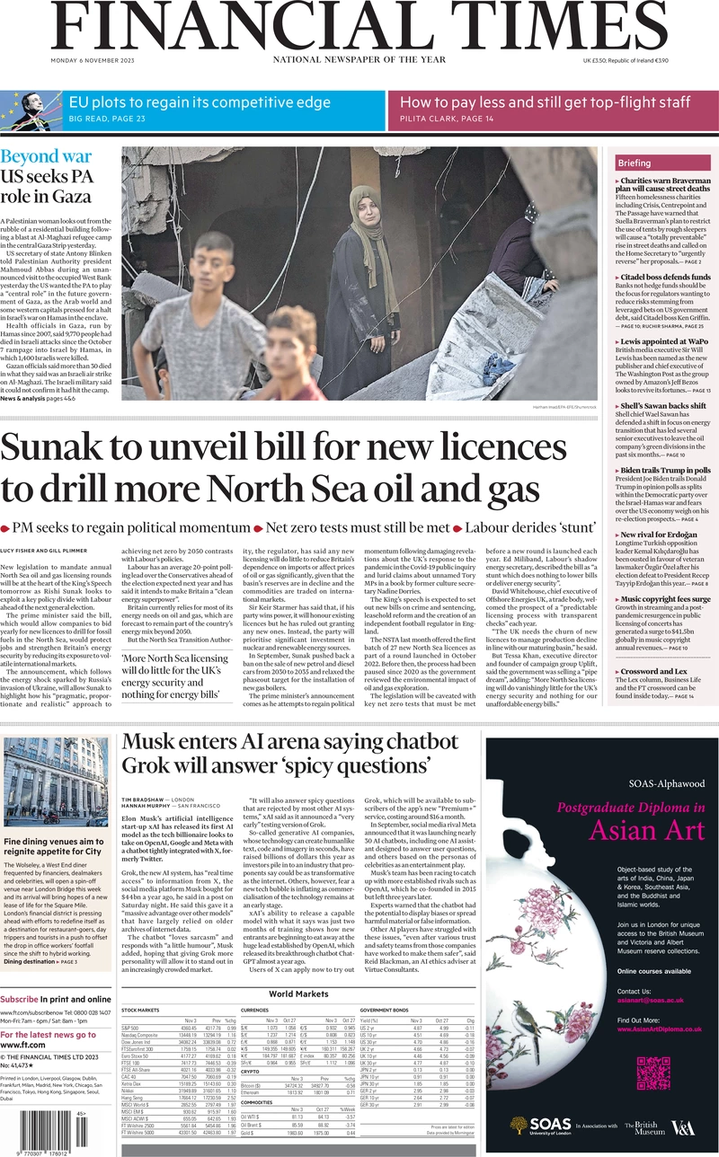 Financial Times - Sunak to unveil bill for new licences to drill more North Sea oil and gas 