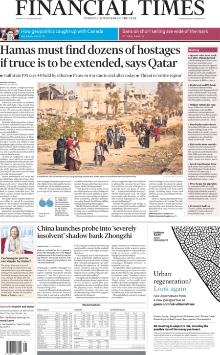 Financial Times - Hamas must find dozens of hostages if truce is to be extended, says Qatar 