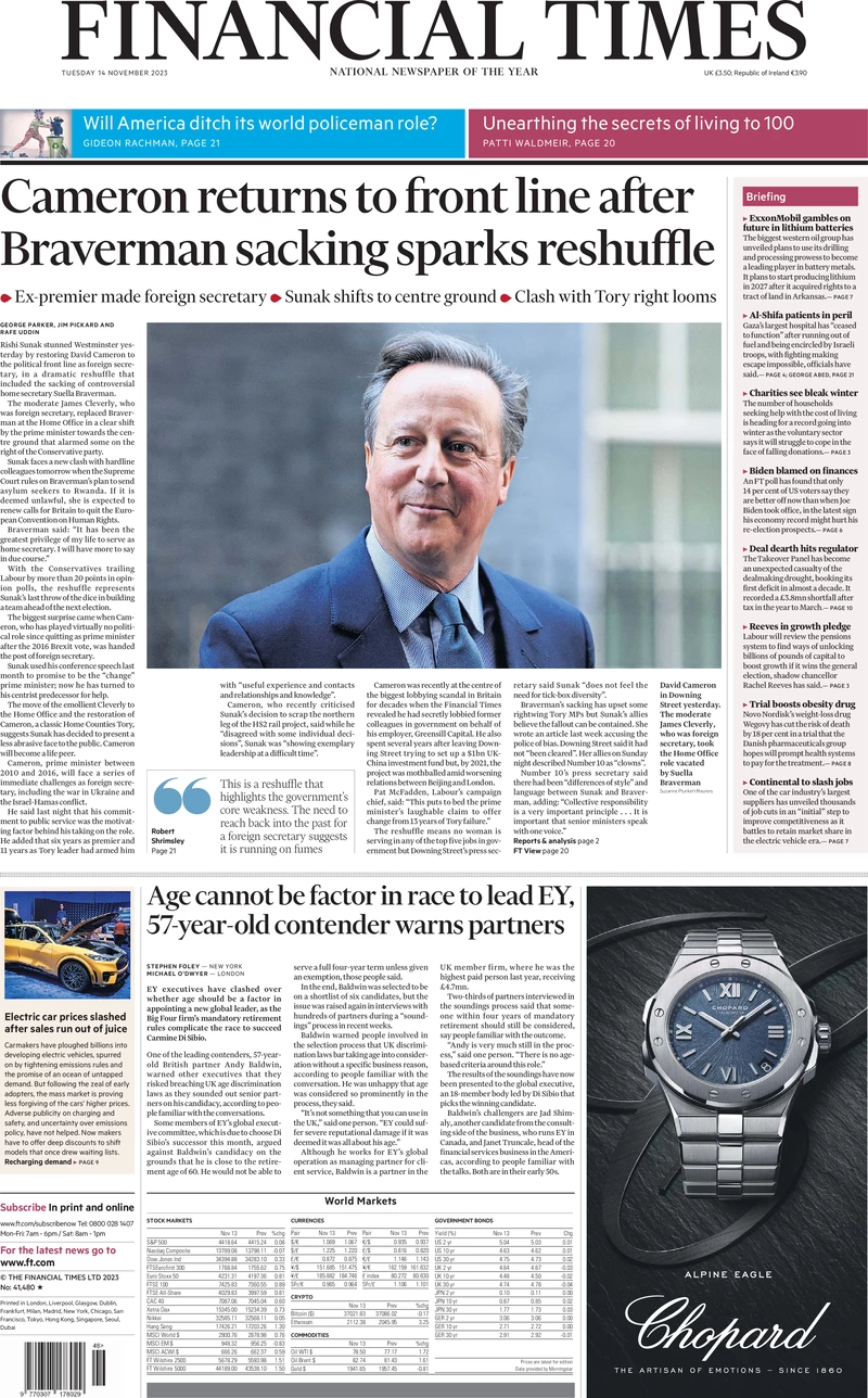 Financial Times - Cameron returns to front line after Braverman sacking sparks reshuffle 