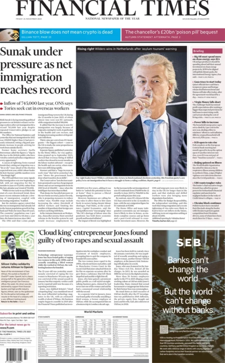 Financial Times - Sunak under pressure as net immigration reaches record  