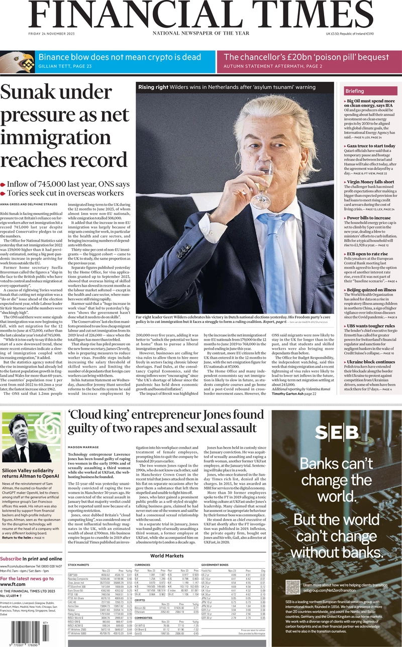 Financial Times - Sunak under pressure as net immigration reaches record  