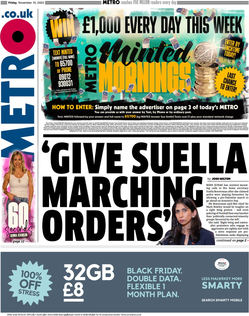 Metro - ‘Give Suella marching orders’ 