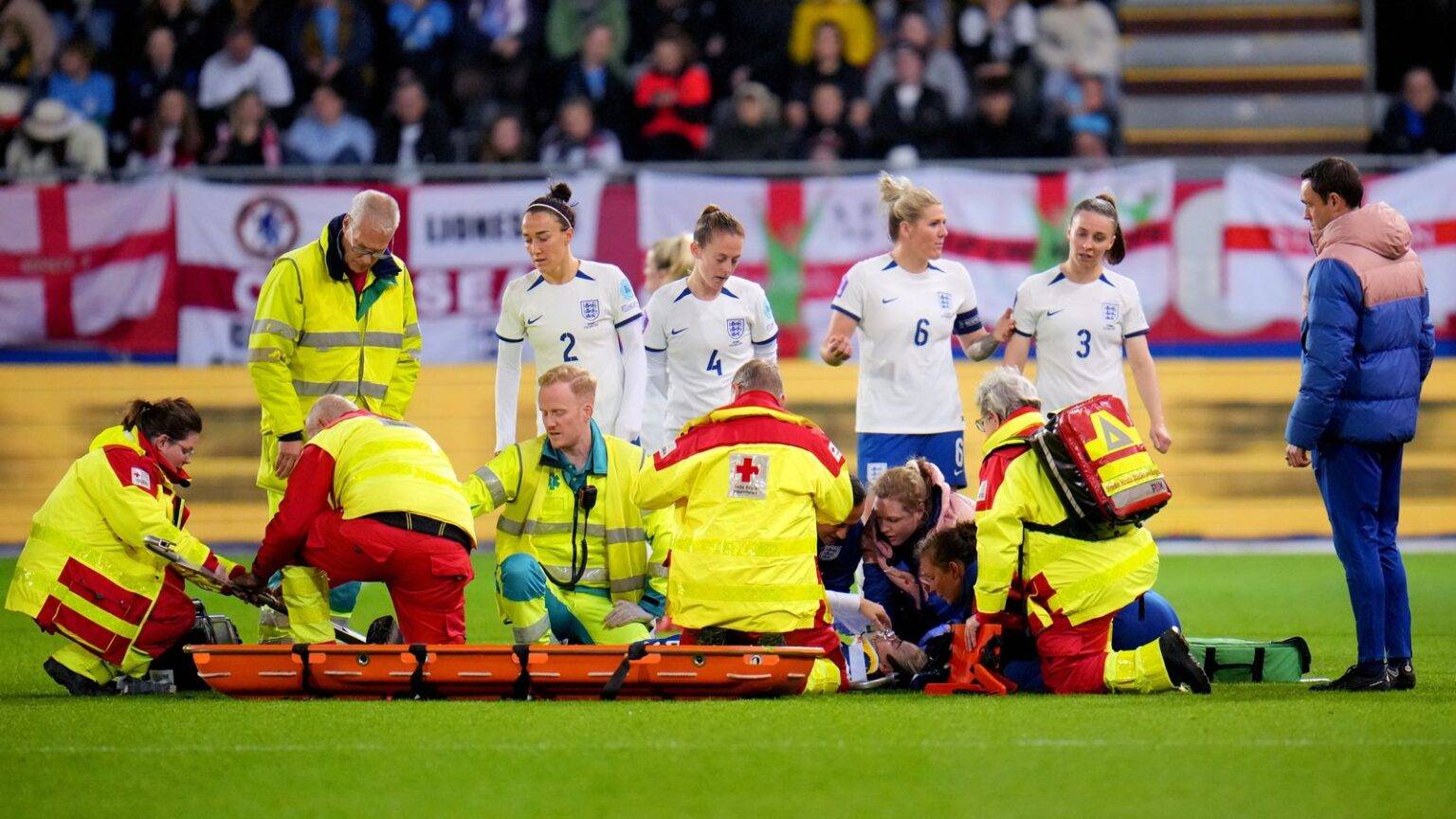 England’s Alex Greenwood carried off on stretcher after head clash