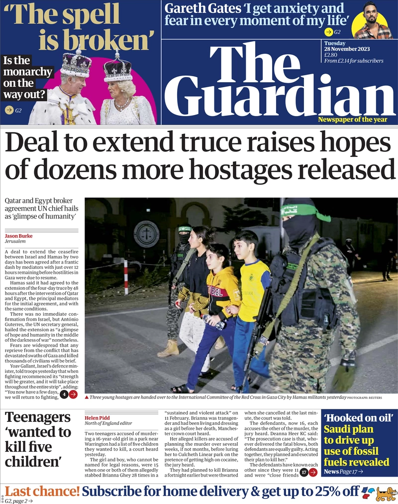 The Guardian - Deal to extend truce raises hopes of dozens more hostages released