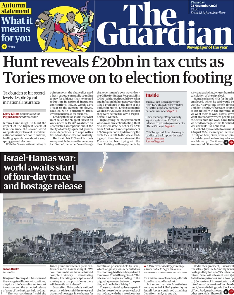 The Guardian - Hunt reveals £20bn in tax cuts as Tories move on to election footing 