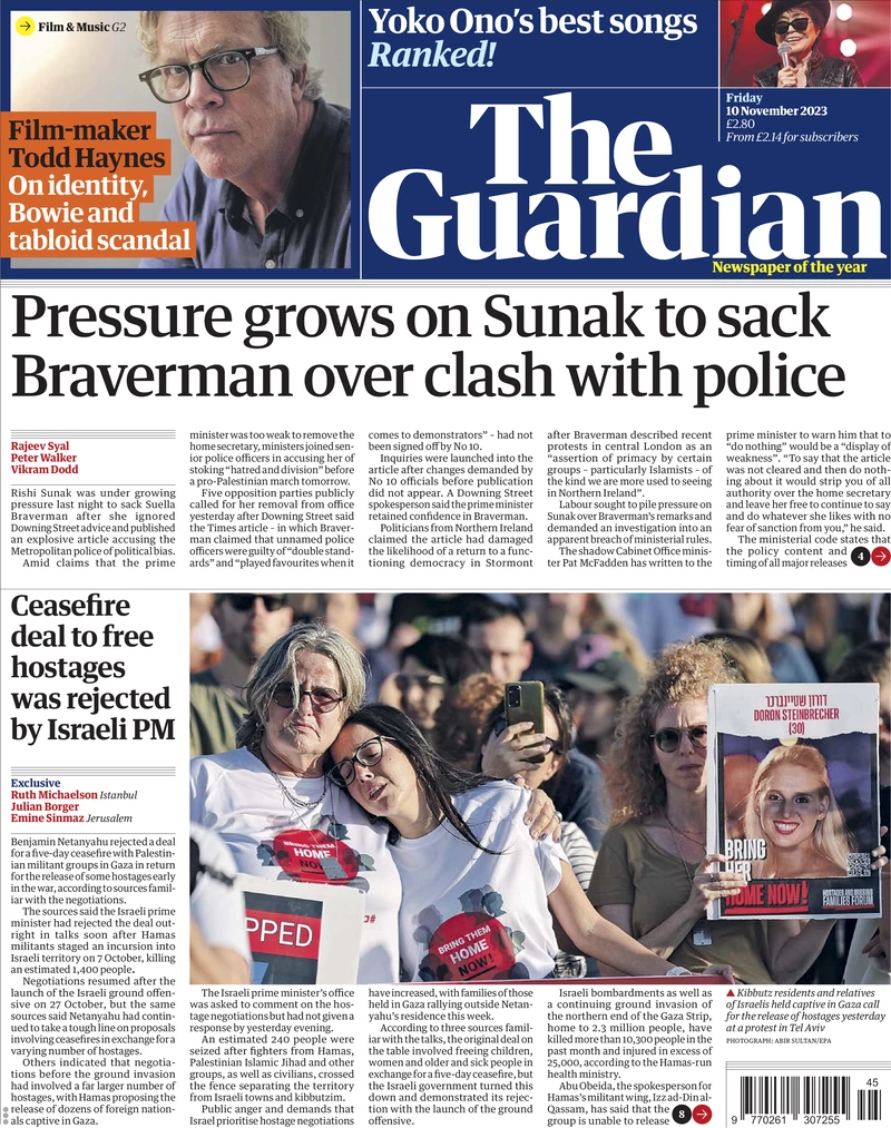 The Guardian - Pressure grows on Sunak to sack Braverman over clash with police