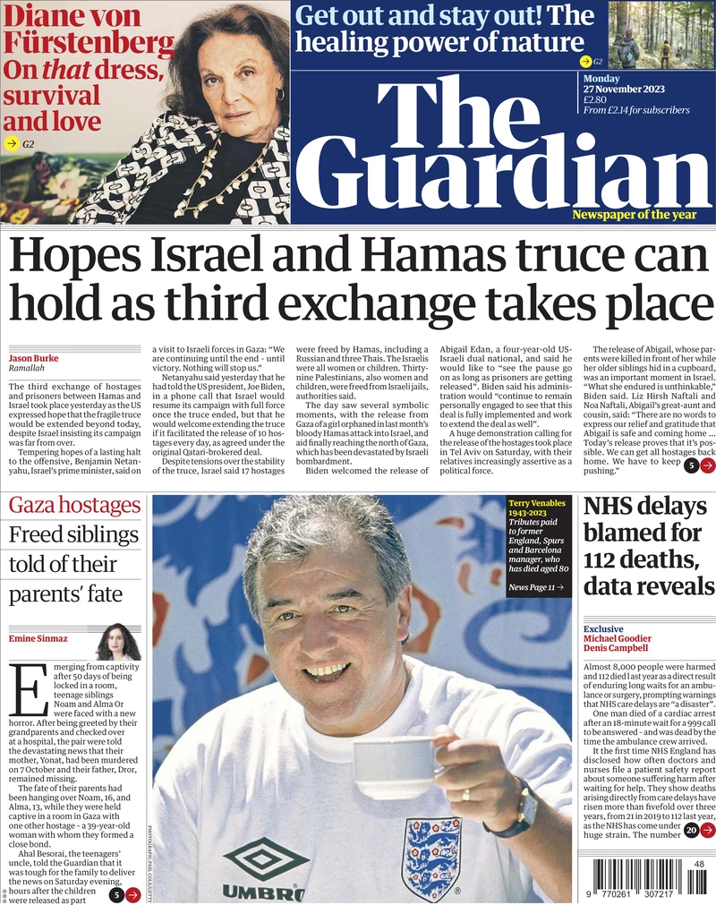 The Guardian - Hopes Israel and Hamas truce can hold as third exchange takes place 