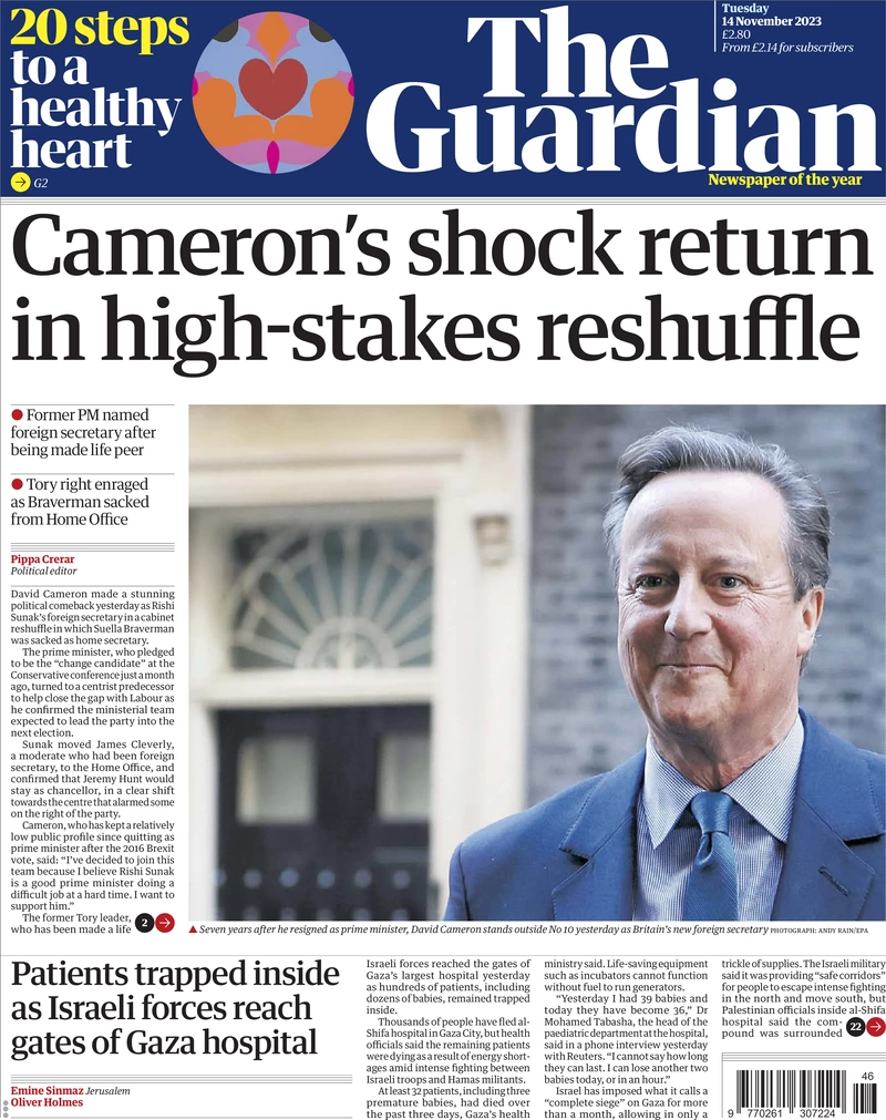 The Guardian - Cameron’s shock return in high-stakes reshuffle 