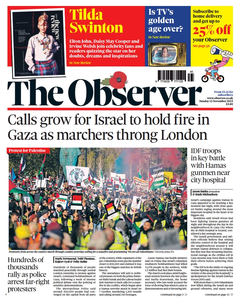 Sunday Papers: ‘Sack Suella now’ Home Secretary under pressure - the full perspective  The Observer – Calls grow for Israel to hold fire in Gaza as marchers throng London