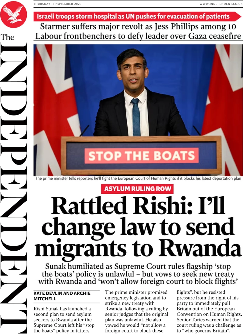 The Independent - Rattled Rishi: I’ll change law to send migrants to Rwanda 