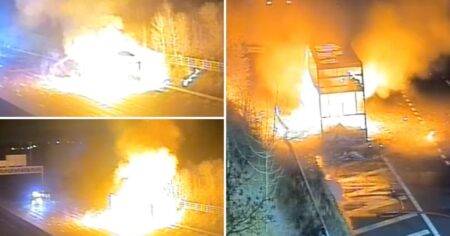 Section of M1 closed in both directions after lorry bursts into flames