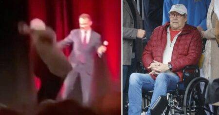 Hollywood star, 80, falls off stage after getting out of wheelchair