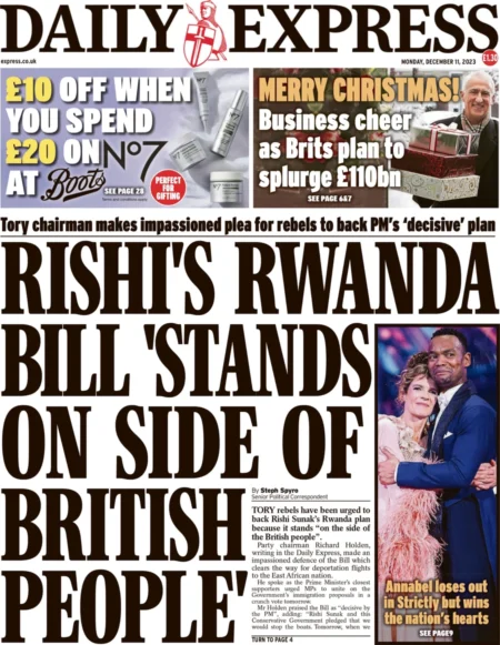 Daily Express - Rishi’s Rwanda bill ‘stands on side of British people’ 