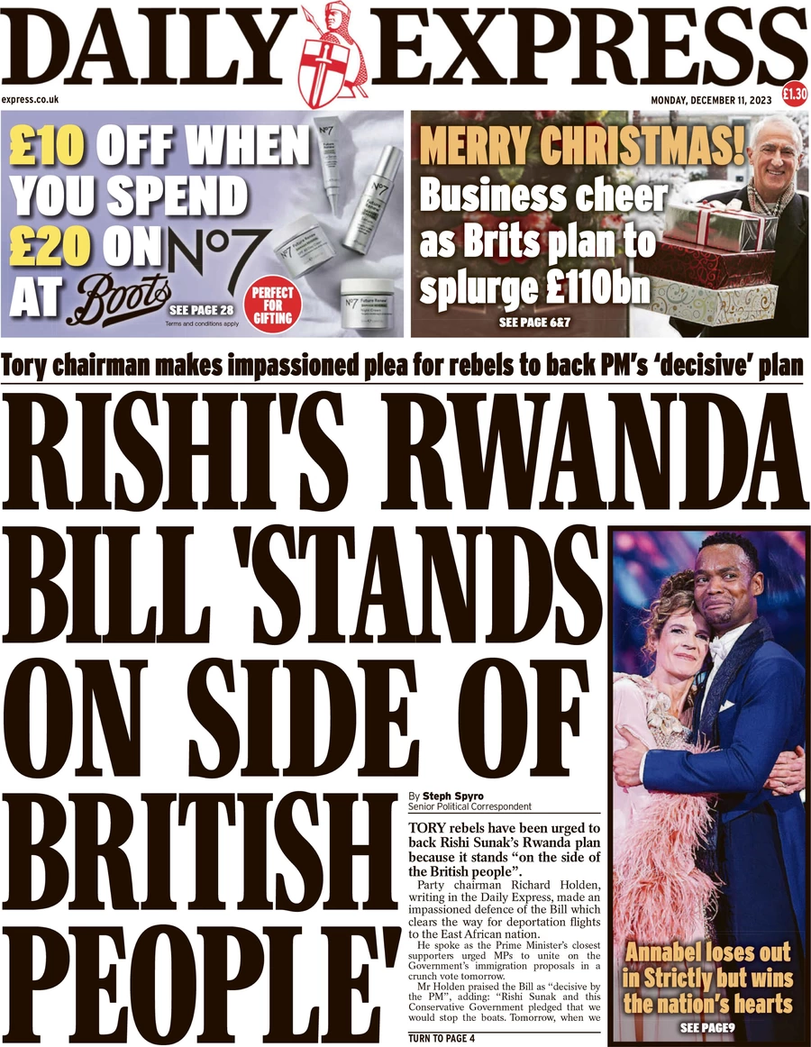 Daily Express - Rishi’s Rwanda bill ‘stands on side of British people’ 