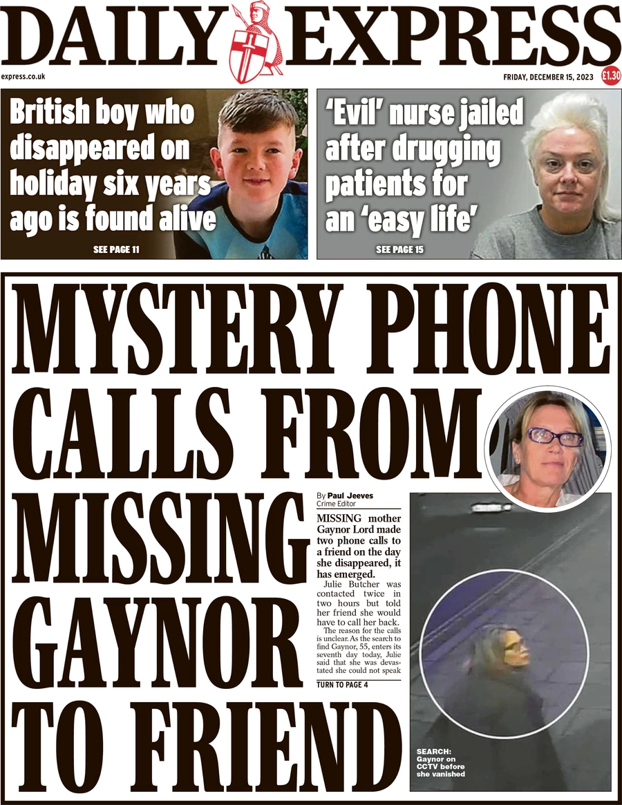 Daily Express - Mystery Phone Calls From Missing Gaynor To Friend 