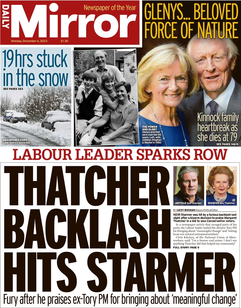 Daily Mirror - Thatcher backlash hits Starmer 