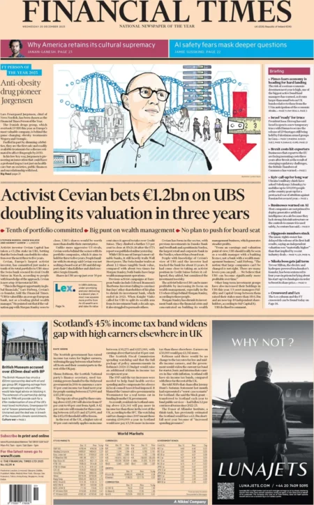 Financial Times – Activist Cevian bets €1.2bn on UBS doubling its valuation in three years 