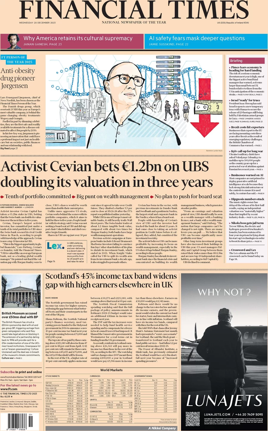 Financial Times - Activist Cevian bets €1.2bn on UBS doubling its valuation in three years 