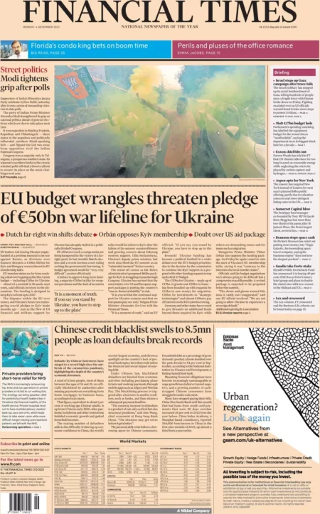 Financial Times – EU budget wrangles threaten pledge of 50bn euros war lifeline for Ukraine 