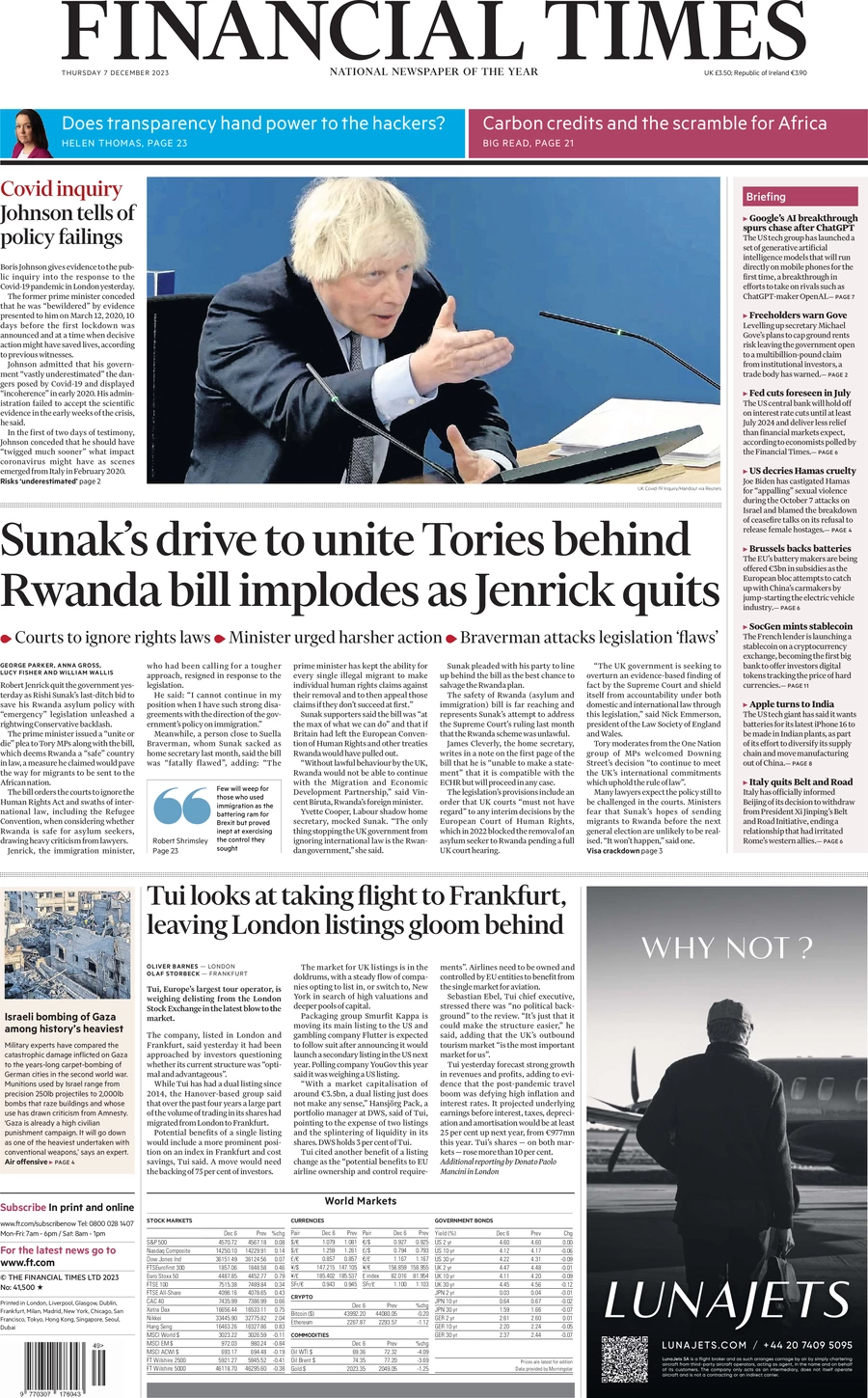Financial Times - Sunak’s drive to unite Tories behind Rwanda bill implodes as Jenrick quits 
