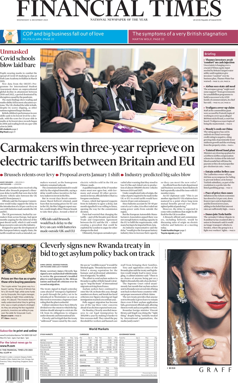 Financial Times - Carmakers win three-year reprieve on electric tariffs between Britain and EU