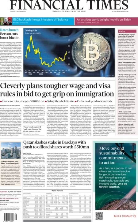 Financial Times - Cleverly plans tougher wage and visa rules in bid to get grip on immigration 