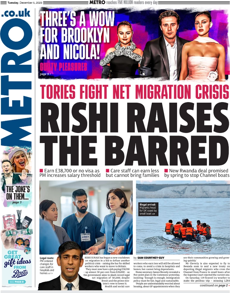 Metro - Tories fight net migration crisis: Rishi raises the barred 