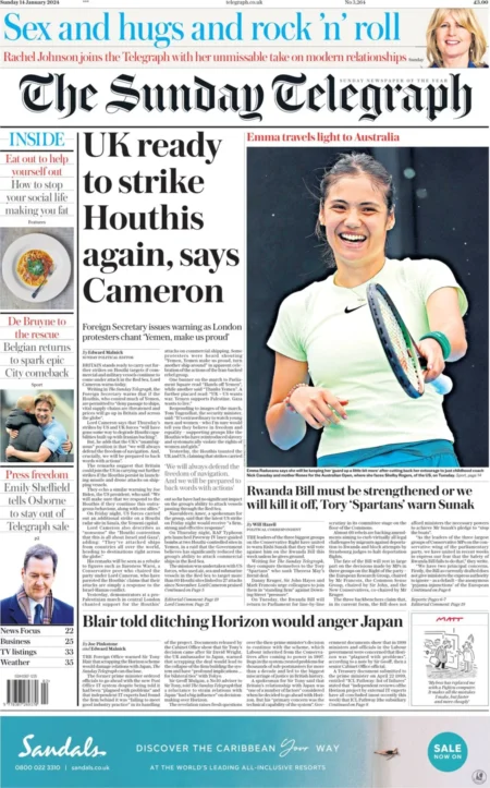 The Sunday Telegraph -UK ready to strike Houthis again, says Cameron