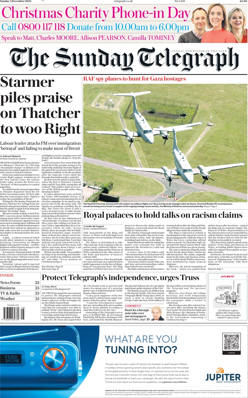 The Sunday Telegraph-Starmer piles praise on Thatcher to woo Right